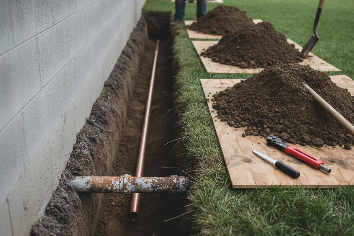 Excavated water line trench during Water Softener Installation in Short Creek